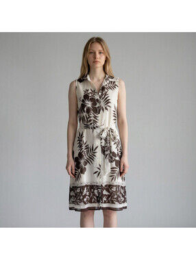 David Warren Shirt Dress Women 8 White Floral Midi Collared Belted Silk Lined